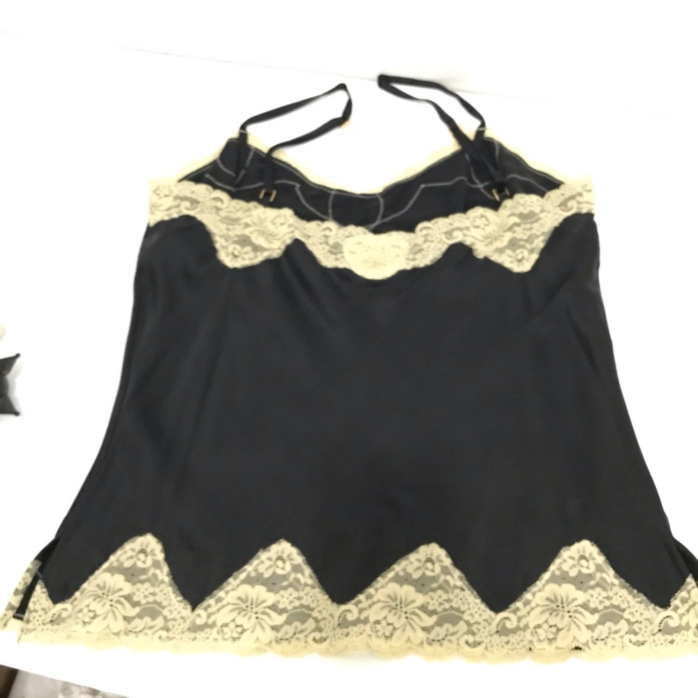 Silk Express Design Studio black satin spaghetti strap tank top beige lace L - Picture 3 of 7